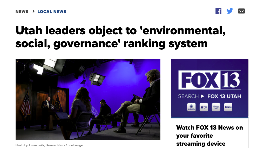 Utah leaders object to ‘environmental, social, governance’ ranking system